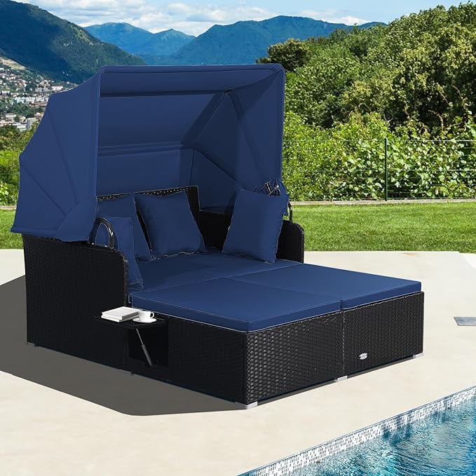 LDAILY Moccha Outdoor Daybed with Retractable Canopy, Wicker Cabana with 2 Side Tables & Soft Cushions,Hand-Woven PE Rattan Bed Lounger, Patio Sectional Furniture Set for Garden Backyard Porch (Navy)