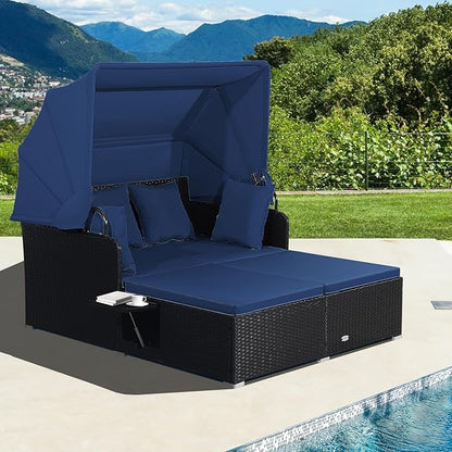 LDAILY Moccha Outdoor Daybed with Retractable Canopy, Wicker Cabana with 2 Side Tables & Soft Cushions,Hand-Woven PE Rattan Bed Lounger, Patio Sectional Furniture Set for Garden Backyard Porch (Navy)