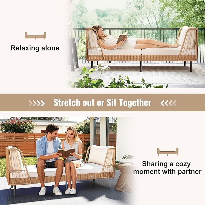 Tangkula Patio Rattan Daybed Set of 2, Boho Outdoor Wicker Lounge Sofa with Seat & Back Cushions - Photo 9