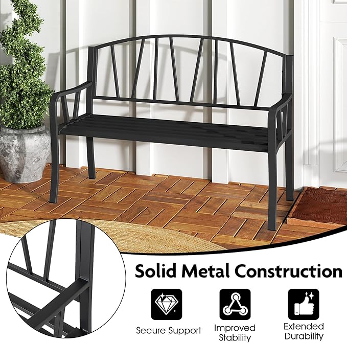 Giantex Garden Bench for Outside 51 Inch, Outdoor Bench with Metal Frame, Patio Metal Bench with Backrest, Armrests and Slatted Seat for Park, Porch, Backyard, 660 lbs Max Load, Black