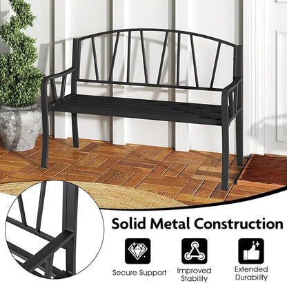 Giantex Garden Bench for Outside 51 Inch, Outdoor Bench with Metal Frame, Patio Metal Bench with Backrest, Armrests and Slatted Seat for Park, Porch, Backyard, 660 lbs Max Load, Black