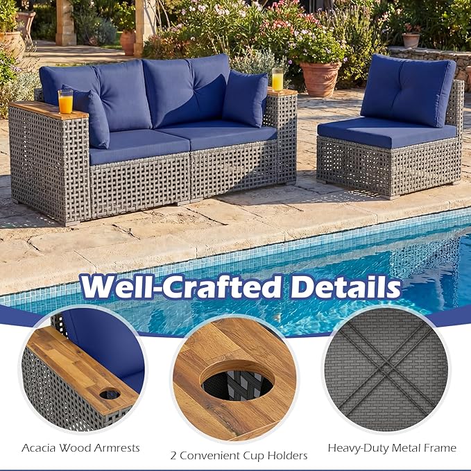 Tangkula 86.5" Large 3-Seat Patio Wicker Sofa, 3 Pieces PE Rattan Sectional Furniture Set with Cup Holder & Wood Armrest, Outdoor Couch Set with Armless & 2 Corner Sofas for Garden, Yard, Porch, Navy