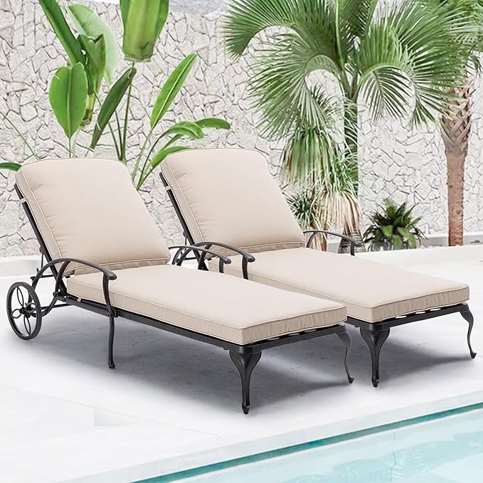 HOMEFUN Chaise Lounge Chair Outdoor - Poolside Chairs Set of 2 with Cushion Cast Aluminum Waterproof Lounger with Wheels and Adjustable Reclining, Pack of 2 (Beige Cushion)