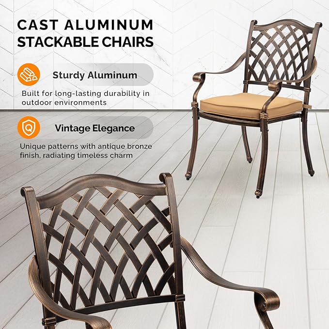 VINGLI Patio Chairs Set of 4- Stackable Outdoor Cast Aluminum Dining Chairs with Vintage Bronze Finish and Diamond Pattern, Metal Armchairs for Poolside, Backyard, Balcony (with Cushion)