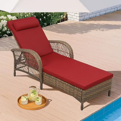 HOMEDIARY Outdoor Wicker Lounge Chair with Cushion, 6-Position Adjustable Patio Chaise Lounge, All Weather Lay Flat Pool Sunbathing Recliner Chair, Armrest and Head Pillow, Fade-Resistant, Red