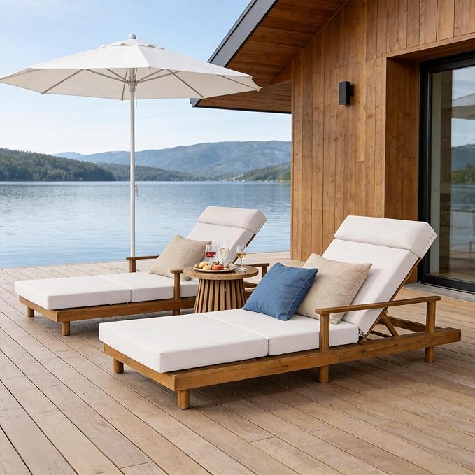 Merax Acacia Wood Outdoor Chaise Lounge Chair Set of 2, Thick 4-Fold Cushion & Headrest, 3-Position Adjustable Backrest, Modern 76.8" L Large Patio Pool Sun Lounger for Garden Beach Yard, Cream+Teak