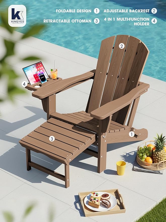 KINGYES Adjustable Folding Adirondack Chair with Footrest & 4-in-1 Multi-Functional Armrest Organizer Set of 2 - Photo 7
