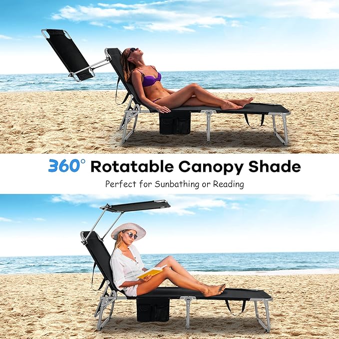 GYMAX Beach Chair with Canopy Shade, Folding Tanning Lounge with Adjustable Backrest, Carry Handle & Side Pocket - Photo 7