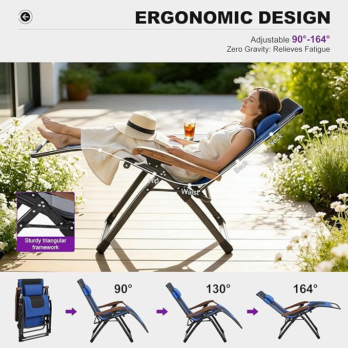 PURPLE LEAF Oversized Outdoor Reclining Chair Set of 2 Patio Zero Gravity Chaise Lounge Folding Chair with Quilted Cushion Adjustable Headrest for Lawn Camping Beach Pool Navy Blue and Black
