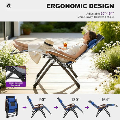 PURPLE LEAF Oversized Outdoor Reclining Chair Set of 2 Patio Zero Gravity Chaise Lounge Folding Chair with Quilted Cushion Adjustable Headrest for Lawn Camping Beach Pool Navy Blue and Black