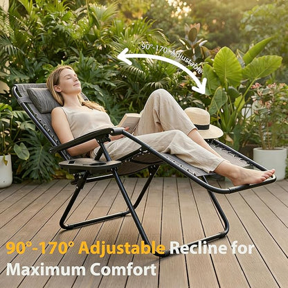 NEWBULIG Zero Gravity Chair Set of 2, Lounge Chair Folding Portable Adjustable Camping Reclining Chairs with Adjustable Pollow, Mesh Back, Cup Holder Trays Lawn Patio Chair for Pool Beach