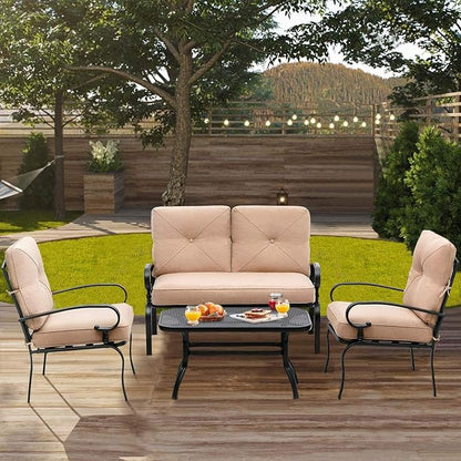 Outdoor Furniture Patio Conversation Set Loveseat, 2 Chairs, Coffee Table with Cushion, Lawn Front Porch Garden, Metal Chair Set Wrought Iron Look(Brown)
