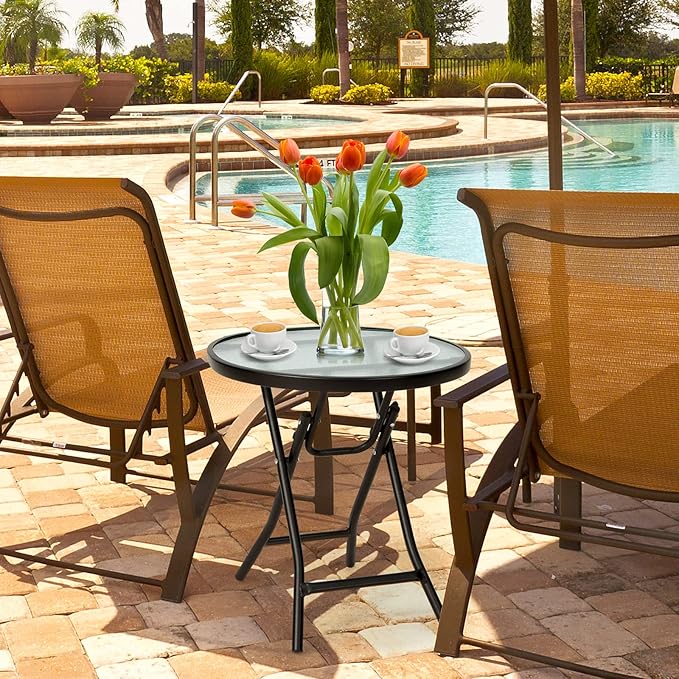 Tangkula Patio Bistro Table, 18" Round Side Table with Tempered Glass Tabletop, Rustproof Frame and Stable X-Shaped Structure, Folding Side Table for Indoor and Outdoor Use