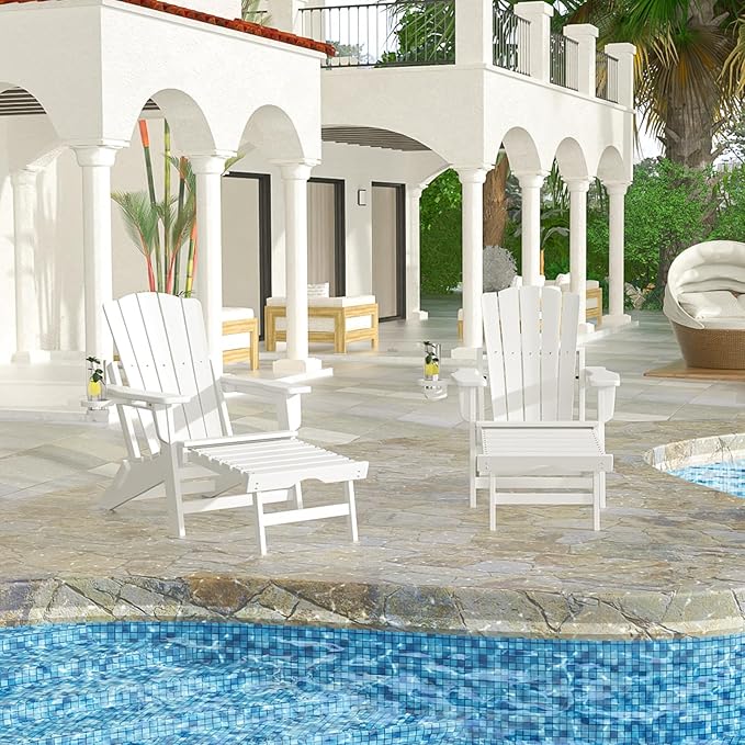 Folding Adirondack Chair with Retractable Ottoman,All Weather Fire Pit Chairs with Cup Holder,Outdoor Chair with Ottoman,White
