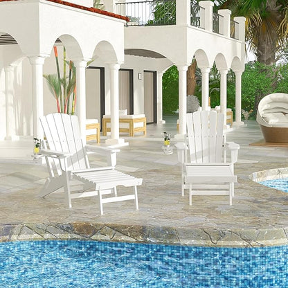 Folding Adirondack Chair with Retractable Ottoman,All Weather Fire Pit Chairs with Cup Holder,Outdoor Chair with Ottoman,White