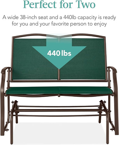 Best Choice Products 2-Person Outdoor Patio Swing Glider Steel Bench Loveseat Rocker for Deck, Porch w/Textilene Fabric, Steel Frame - Forest Green/Brown