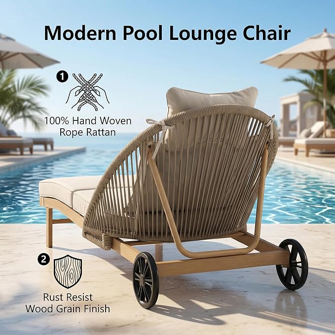Patio Chaise Lounge Chairs Set of 2, Oversized Lounge Chair Outdoor with Cushions, Patio Lounge Chairs with Wheels, All Weather Wicker Outdoor Chaise Lounge Chairs for Outside/Deck/Yard, Khaki