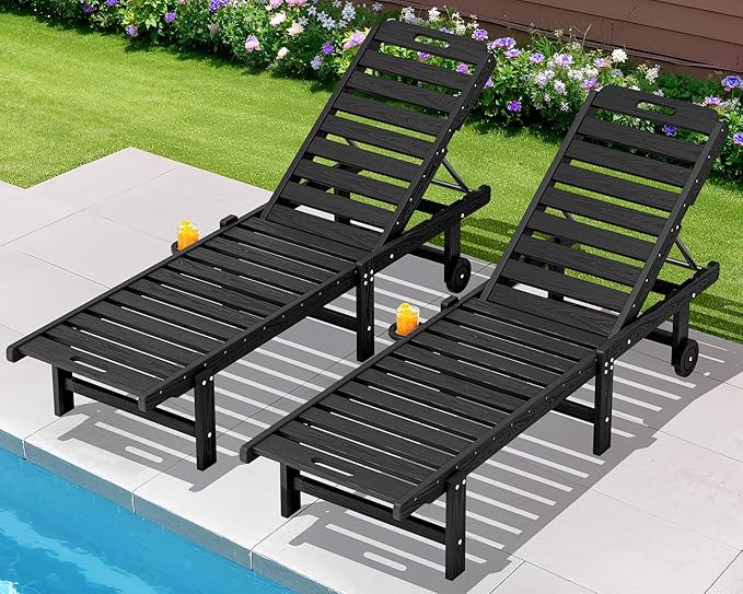 SERWALL Patio Chaise Lounge Set of 2, HDPE Outdoor Lounge Chair with Cup Holder - Photo 1