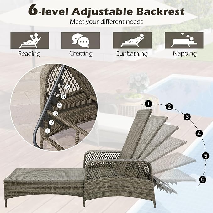 Wicker Chaise Lounge Chair, Patio Rattan Recliner with 6-Position Adjustable Backrest, Soft Cushions, Removable Lumber Pillow & Armrests, Lounger Chair for Poolside & Backyard (Off White)