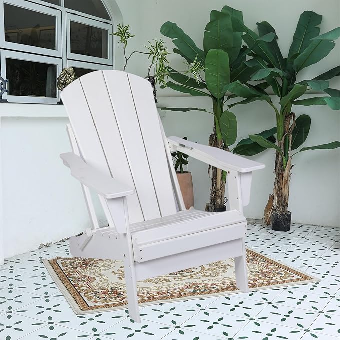 Assembly-free Folding Adirondack Chair, All-Weather Fire Pit Chairs, Oversized All Weather Resistant Outdoor Adirondack Chair for Firepit Area BBQ Beach Deck Garden Lawn Backyard Pool (Antique White)