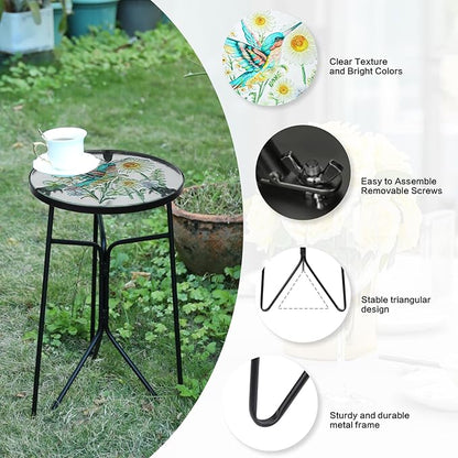 VCUTEKA Patio Side Table Outdoor Accent Table Bistro Coffee Table Plant End Table Small Porch Table Indoor Round Glass Balcony Plant Table Stands Golden Transparent Hummingbird 12 inches