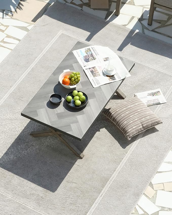 Aluminum Outdoor Coffee Table, All-Weather Rectangle Patio Coffee Table with Resin Tabletop, Modern Aluminum Outdoor Furniture Table for Patio, Poolside, Garden, Balcony, Limed Oak