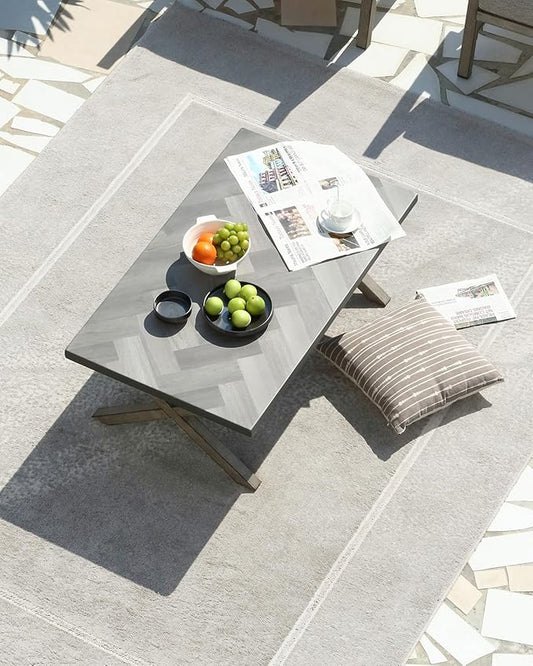 Aluminum Outdoor Coffee Table, All-Weather Rectangle Patio Coffee Table with Resin Tabletop, Modern Aluminum Outdoor Furniture Table for Patio, Poolside, Garden, Balcony, Limed Oak