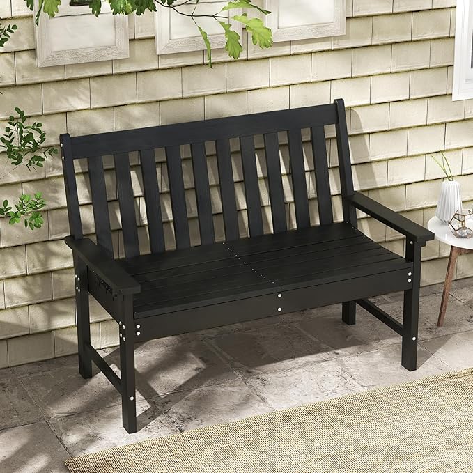 RELAX4LIFE 2-Person Patio Outdoor Bench - 52’’ All-Weather HDPE Garden Bench with Armrests & Slatted Backrest, Patio Bench for Front Porch Park Poolside Backyard, 705 LBS Weight Capacity (Black)