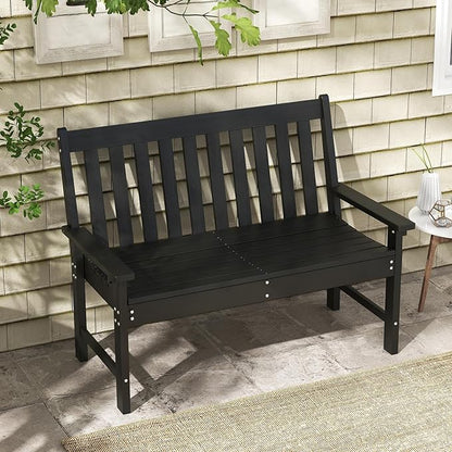 RELAX4LIFE 2-Person Patio Outdoor Bench - 52’’ All-Weather HDPE Garden Bench with Armrests & Slatted Backrest, Patio Bench for Front Porch Park Poolside Backyard, 705 LBS Weight Capacity (Black)