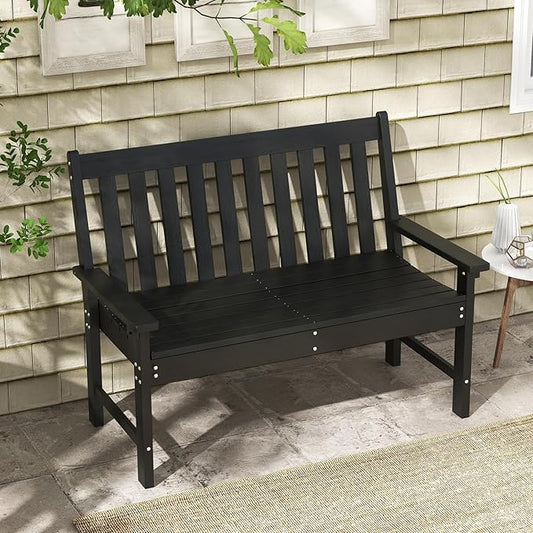 RELAX4LIFE 2-Person Patio Outdoor Bench - 52’’ All-Weather HDPE Garden Bench with Armrests & Slatted Backrest, Patio Bench for Front Porch Park Poolside Backyard, 705 LBS Weight Capacity (Black)