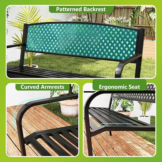 Tangkula Metal Outdoor Park Bench, 50 Inches Garden Bench with Patterned Backrest and Curved Armrests, 2-3-Person Patio Bench, Outside Heavy-Duty Metal Loveseat Chair for Porch, Lawn, Yard & Park