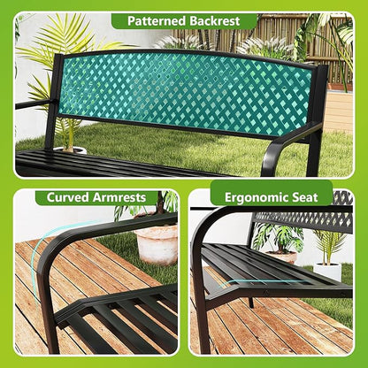 Tangkula Metal Outdoor Park Bench, 50 Inches Garden Bench with Patterned Backrest and Curved Armrests, 2-3-Person Patio Bench, Outside Heavy-Duty Metal Loveseat Chair for Porch, Lawn, Yard & Park