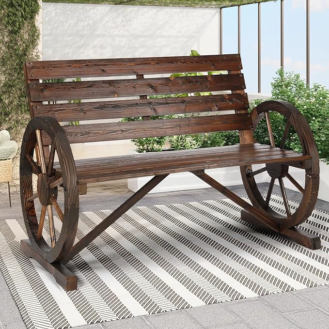Wooden Wagon Wheel Bench, 2-Person Solid Wood Garden Bench, Rustic Wooden Seat Wagon Wheel Bench Patio Loveseat W/Slatted Backrest, Outdoor Garden Bench for Lawn Yard Porch Park