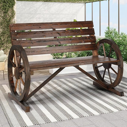 Wooden Wagon Wheel Bench, 2-Person Solid Wood Garden Bench, Rustic Wooden Seat Wagon Wheel Bench Patio Loveseat W/Slatted Backrest, Outdoor Garden Bench for Lawn Yard Porch Park