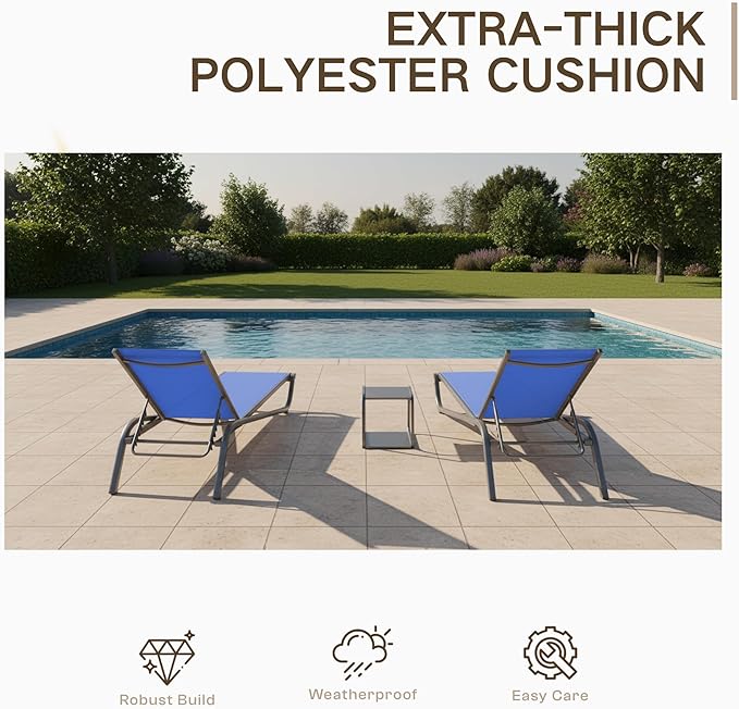 Kingdura Chaise Lounge Chair for Pool, Aluminum Outdoor Lounge Chairs with 5 Positions Recliner, Lightweight Pool Lounger Lounge Chairs for Outside Patio Deck Poolside (Royal blue, 2 Chairs & 1 Table)