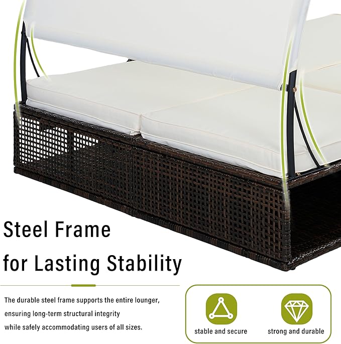 Outdoor Double Chaise Lounge with Adjustable Backrest and Sun Canopy - Photo 7