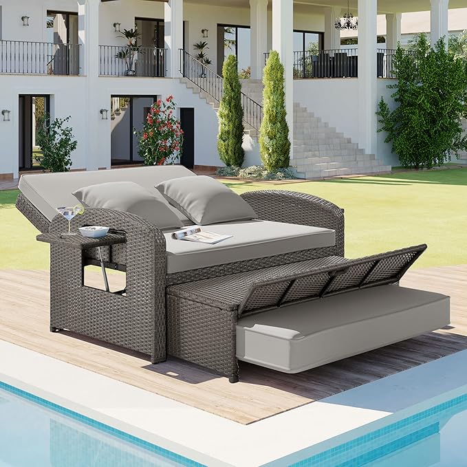 Outdoor Rattan Double Chaise Lounge, 2-Person Reclining Sunbed with 3-Height Adjustable Back - Photo 2