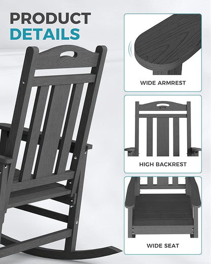 Ciokea Oversized Outdoor Rocking Chairs Set of 3, 380lbs Heavy-Duty Large Patio Rocker, High Back Cozy Porch Chairs, Weather Resistant Patio Rocking Chairs for Outside, Fire Pit, Deck, Dark Grey