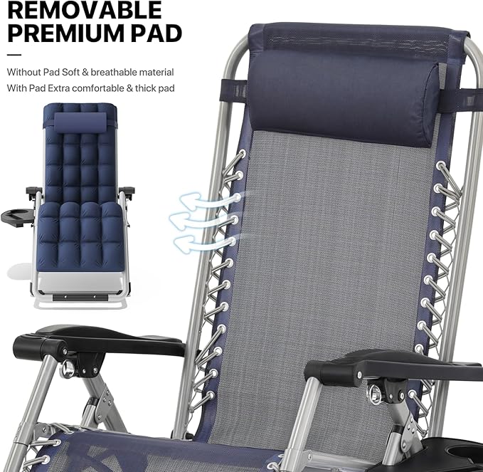 MoNiBloom Stable Folding Chair Outdoor Lounge Chair Beach Pool Lawn Recliner Sunbathing Chair, with Detachable Soft Cushion, Pillow and Side Tray, 330lbs Capacity Blue