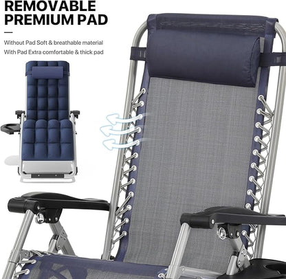 MoNiBloom Stable Folding Chair Outdoor Lounge Chair Beach Pool Lawn Recliner Sunbathing Chair, with Detachable Soft Cushion, Pillow and Side Tray, 330lbs Capacity Blue