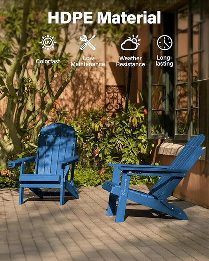 YEFU Folding Adirondack Chair for Outdoor: Plastic Foldable Fire Pit Chair with Cup Holder & Adjustable Backrest - Sturdy All-Weather HDPE for Outside Patio Poolside - Easy Assembly