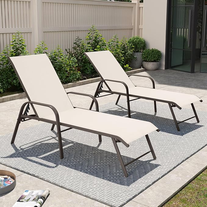 Crestlive Products Chaise Lounge Chair Outdoor with Armrests, Pool Lounge Chairs Set of 2, Aluminum Adjustable 5 Positions Sun Tanning Lounger for Patio, Poolside, Yard, Deck, Backyard (Champagne)