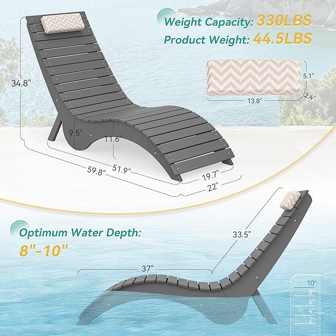 Pool Lounge Chairs Set of 4 - Anti-Floating HDPS Design for Pools & Backyard Sun Decks, Weighted Pool Chairs and Lounges for Poolside or Outside, Includes Headrest, Neutral Grey