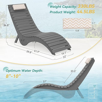 Pool Lounge Chairs Set of 4 - Anti-Floating HDPS Design for Pools & Backyard Sun Decks, Weighted Pool Chairs and Lounges for Poolside or Outside, Includes Headrest, Neutral Grey