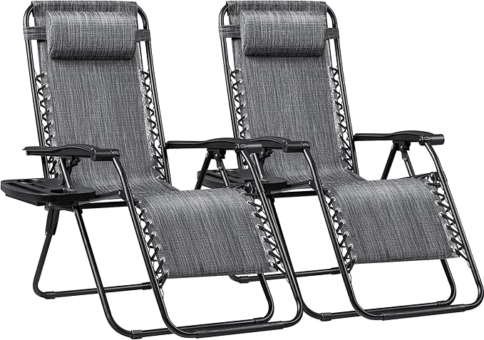 Greesum Zero Gravity Chairs Set of 2 Adjustable Steel Mesh Recliners Beach Deck Lawn Camping Patio Foldable Lounge Chair with Cup Holder Trays and Pillows,Double-Gray