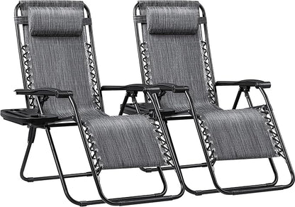 Greesum Zero Gravity Chairs Set of 2 Adjustable Steel Mesh Recliners Beach Deck Lawn Camping Patio Foldable Lounge Chair with Cup Holder Trays and Pillows,Double-Gray