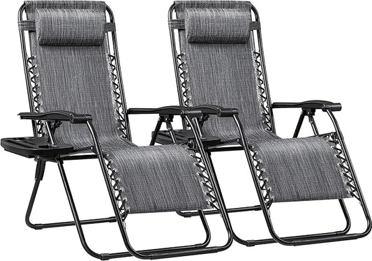 Greesum Zero Gravity Chairs Set of 2 Adjustable Steel Mesh Recliners Beach Deck Lawn Camping Patio Foldable Lounge Chair with Cup Holder Trays and Pillows,Double-Gray