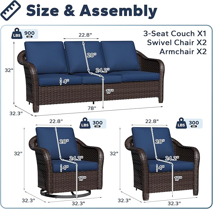 5 PCS Outdoor Conversation Set | 78" Couch, 2 Chairs, 2 Swivel Chairs, Patio Wicker Conversation Furniture with Removable Cushions for Bistro, Deck, Sunroom (Navy Blue)