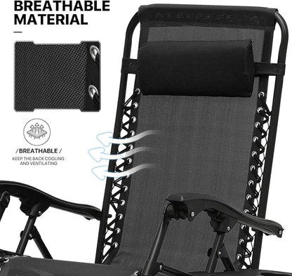 MoNiBloom Table and Patio Chairs Set of 3, Outdoor Adjustable Zero Gravity Folding Breathable Mesh Reclining Lounge Chairs with Pillow and Side Tray, 330lbs Capacity - Black