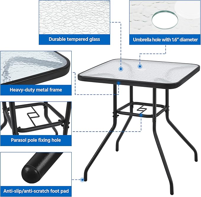 Yaheetech 28in Patio Bistro Table, Square Dining Table w/Umbrella Hole and Tempered Glass Top for Balcony Backyard Lawn and Garden, Black